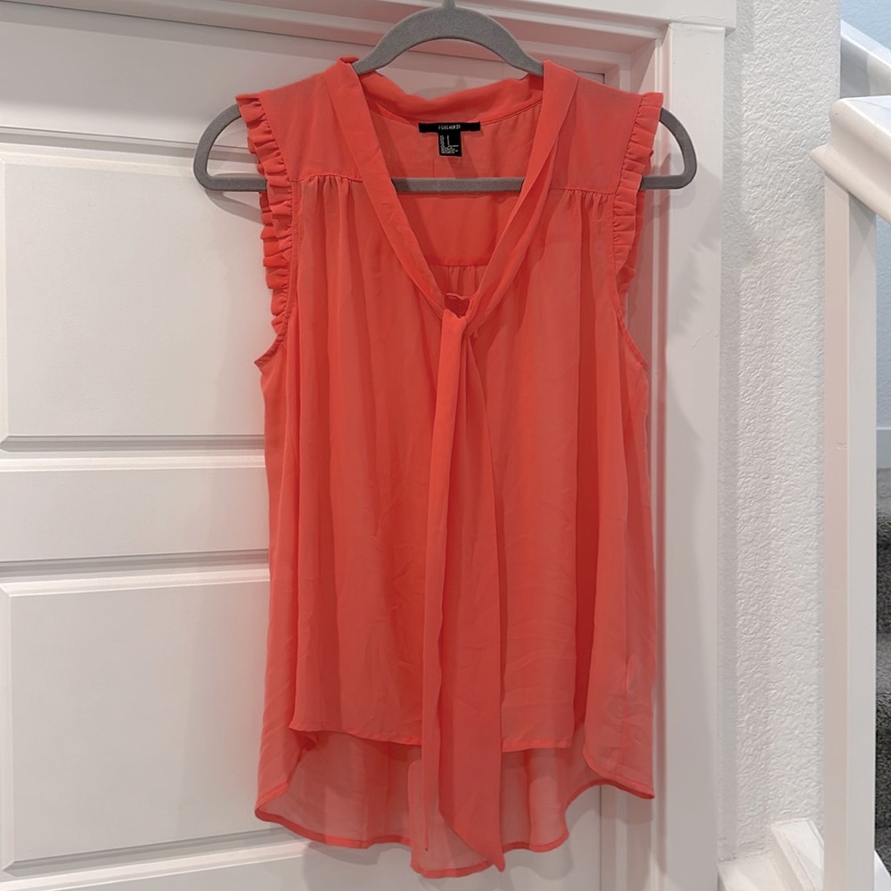 Forever 21 Sleeveless Sheer Chiffon Ruffle Tie Front Blouse